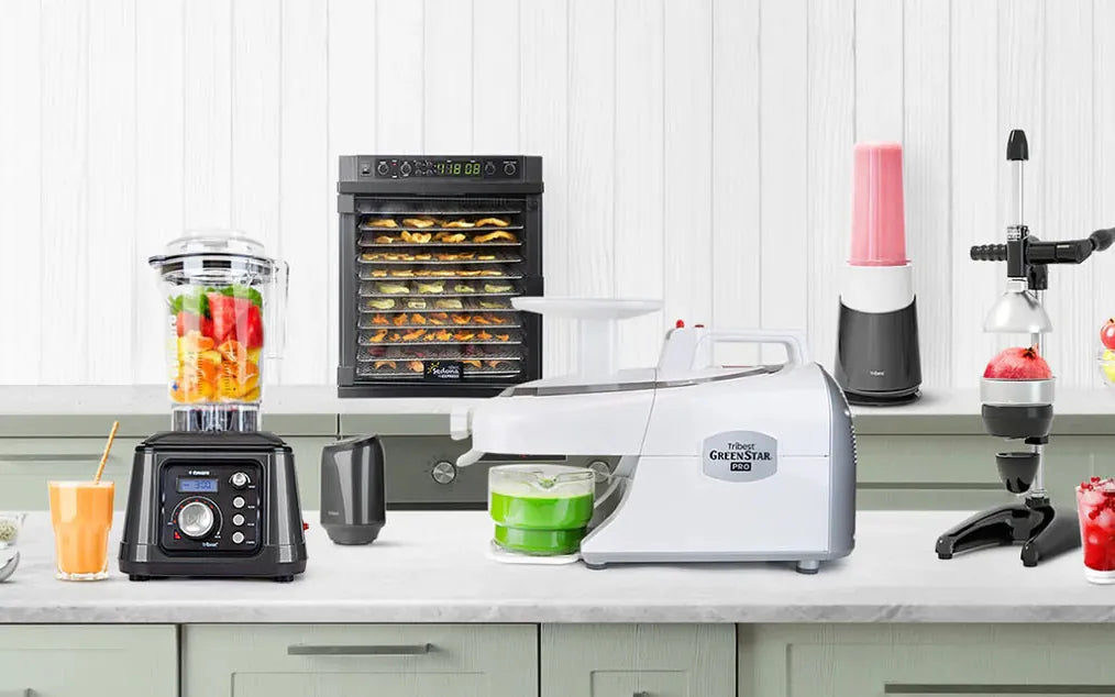 The Tribest range on a kitchen bench: Dynapro blender, Sedona dehydrator, Greenstar juicer and Personal Blender