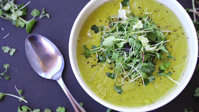 Roasted Broccoli, Kale & Arugula Soup
