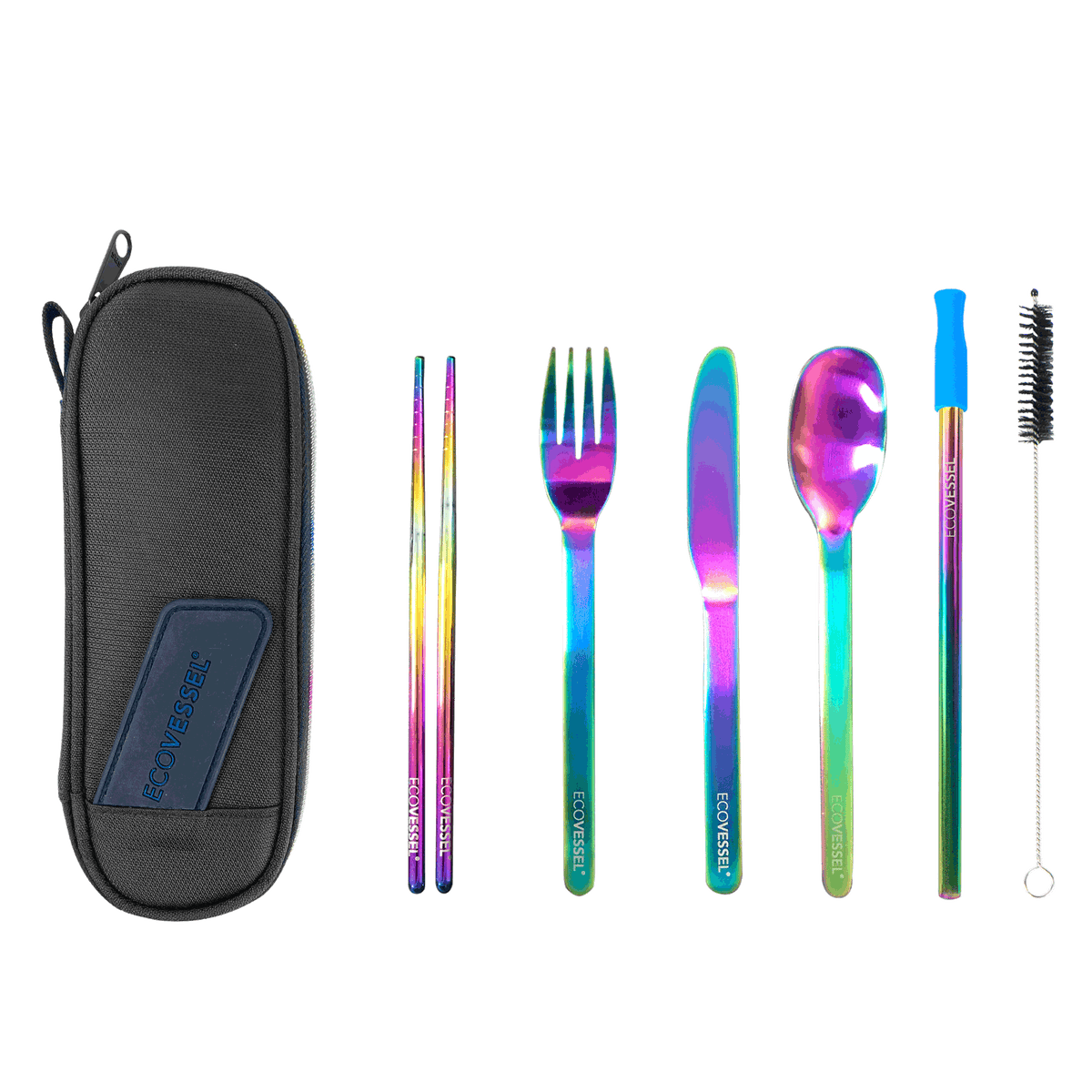 WANDERWARE 6-Piece - Reusable Stainless Steel Utensil Set with Travel Pouch - Over The Ranbow
