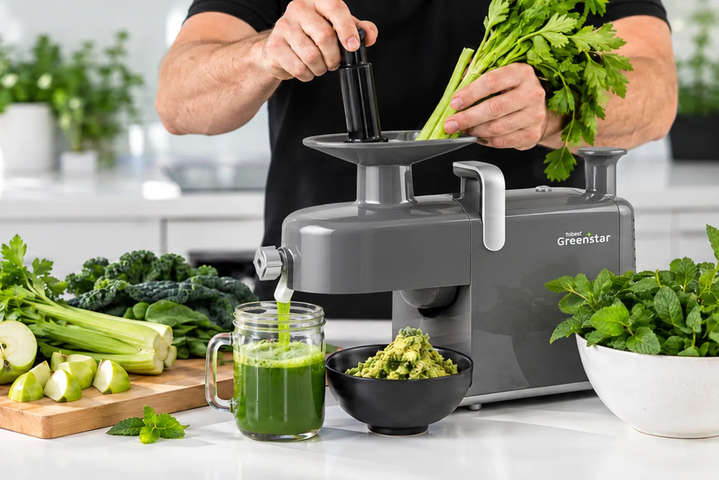 Pressing celery through a Greenstar twin gear juicer