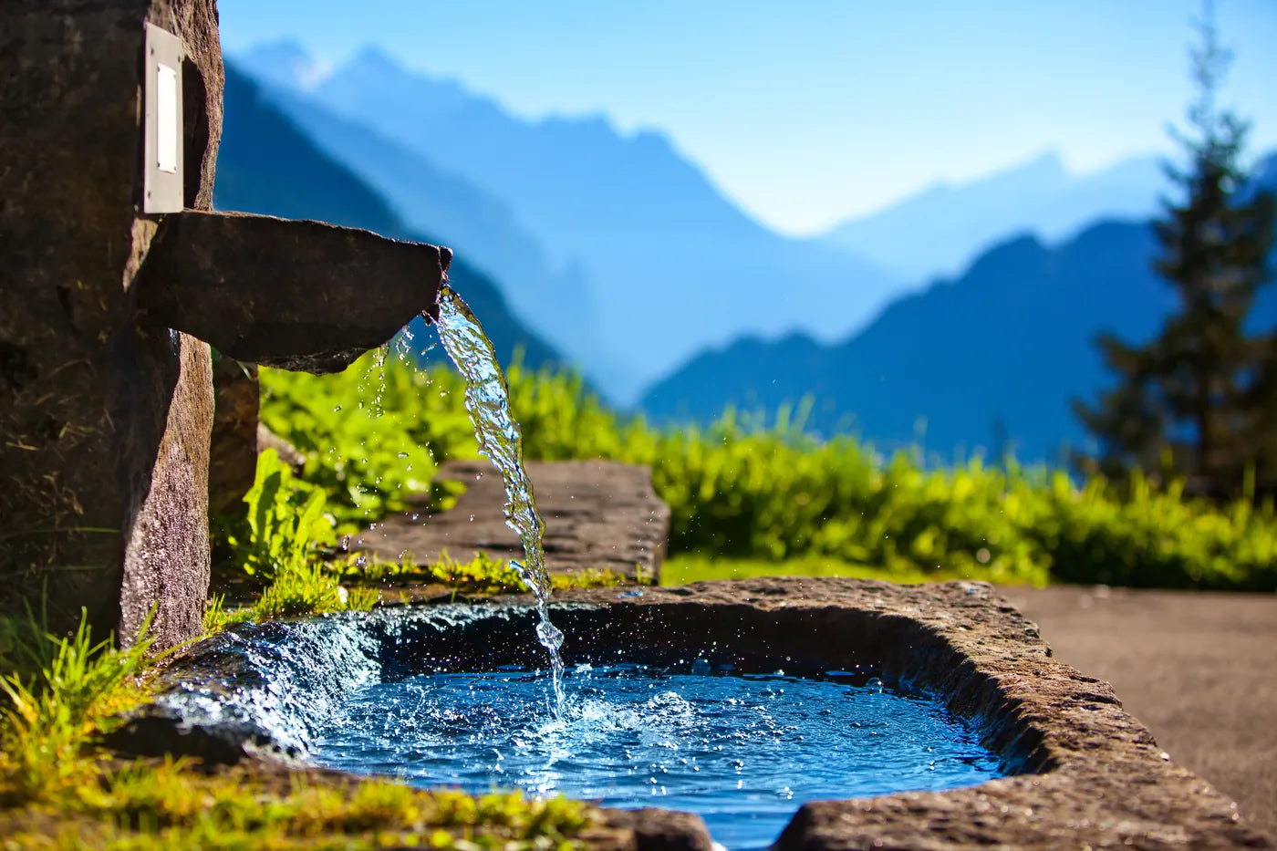 Fresh spring water pouring into a stone trough
