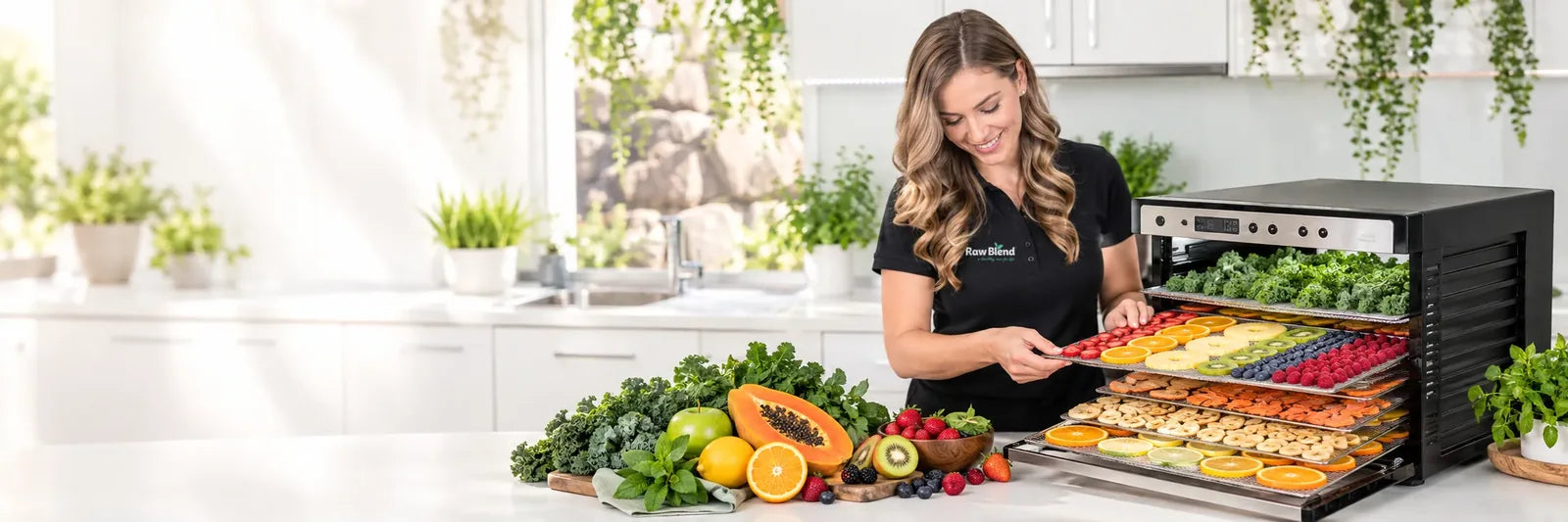 Woman loading trays of sliced fruit into a Sedona food dehydrator