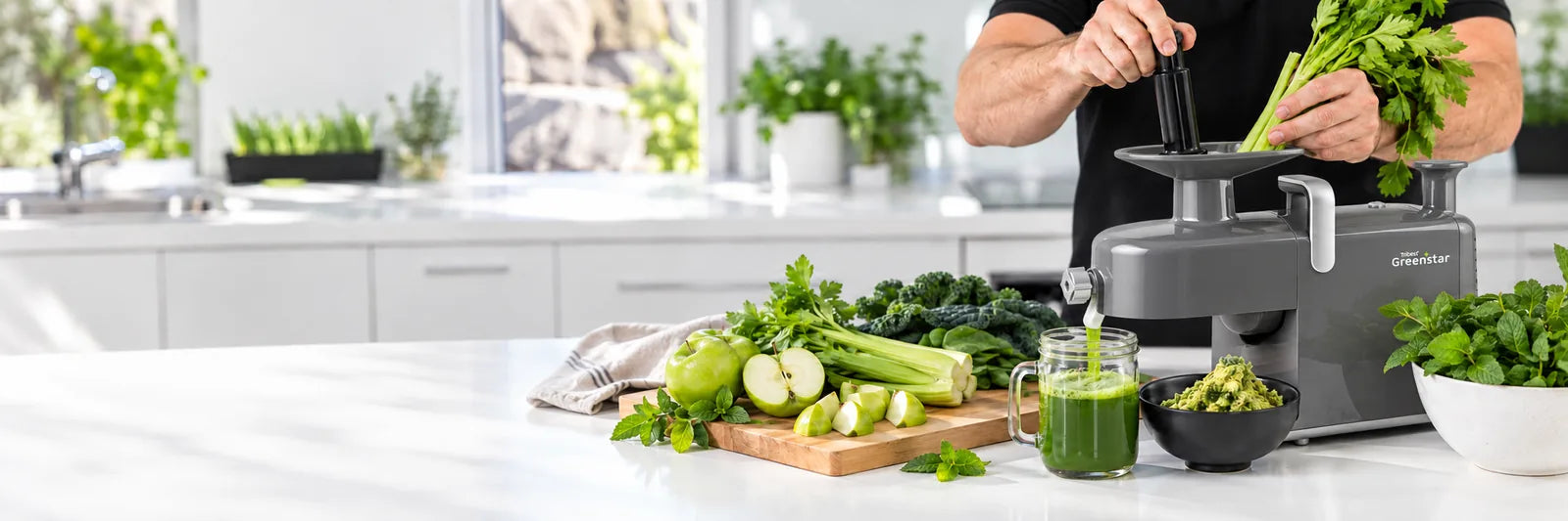 Hands feeding fresh celery into a Greenstar cold press juicer